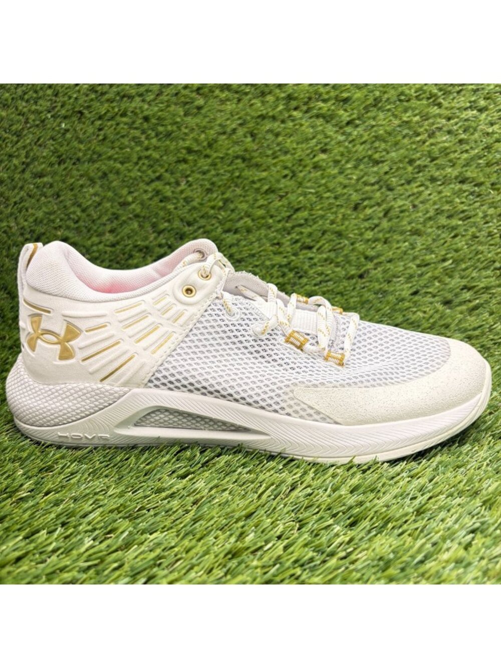 Under Armour HOVR Block City Womens Size 10.5 White Gold Running Shoes Sneakers